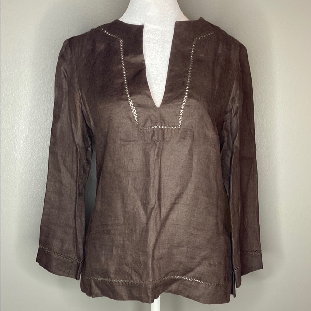 NWOT! Theory 100% LINEN Brown 3/4 Sleeve Tunic with embroidered details - Size S